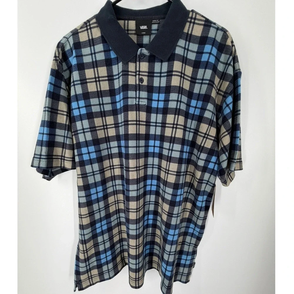 Vans Bellmoor Plaid Polo Shirt Men Large Blue Navy Tan Loose Fit VN000KUNE88 NWT